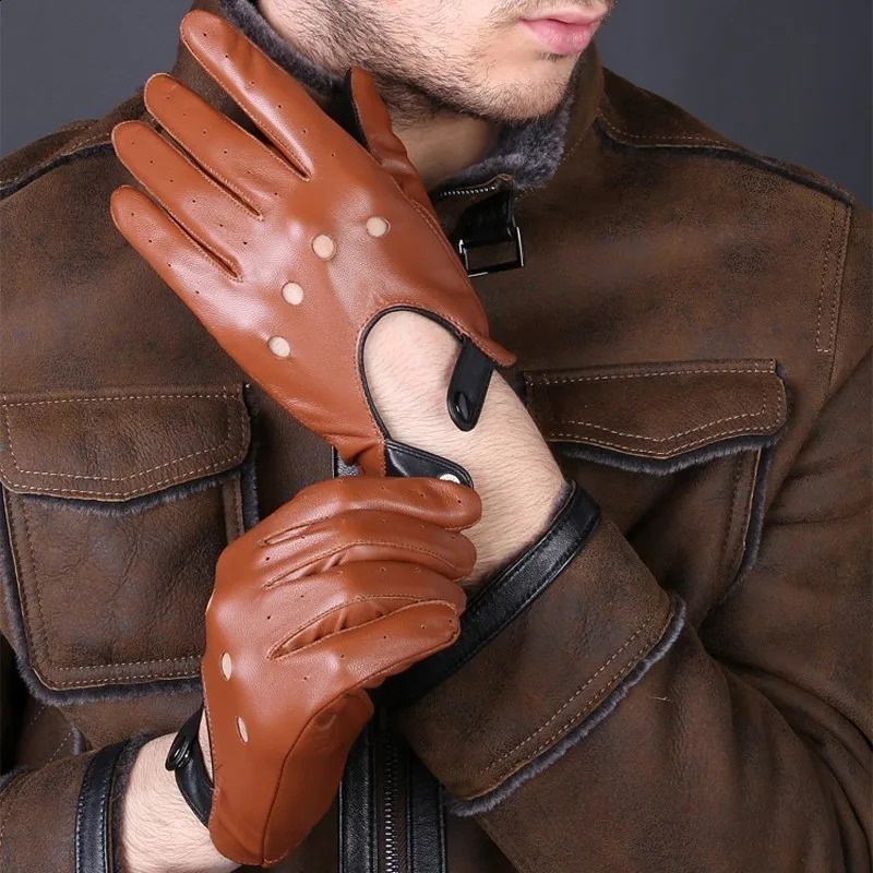 Leather gloves black brown winter autumn fashion mens breathable driving sports gloves 241021