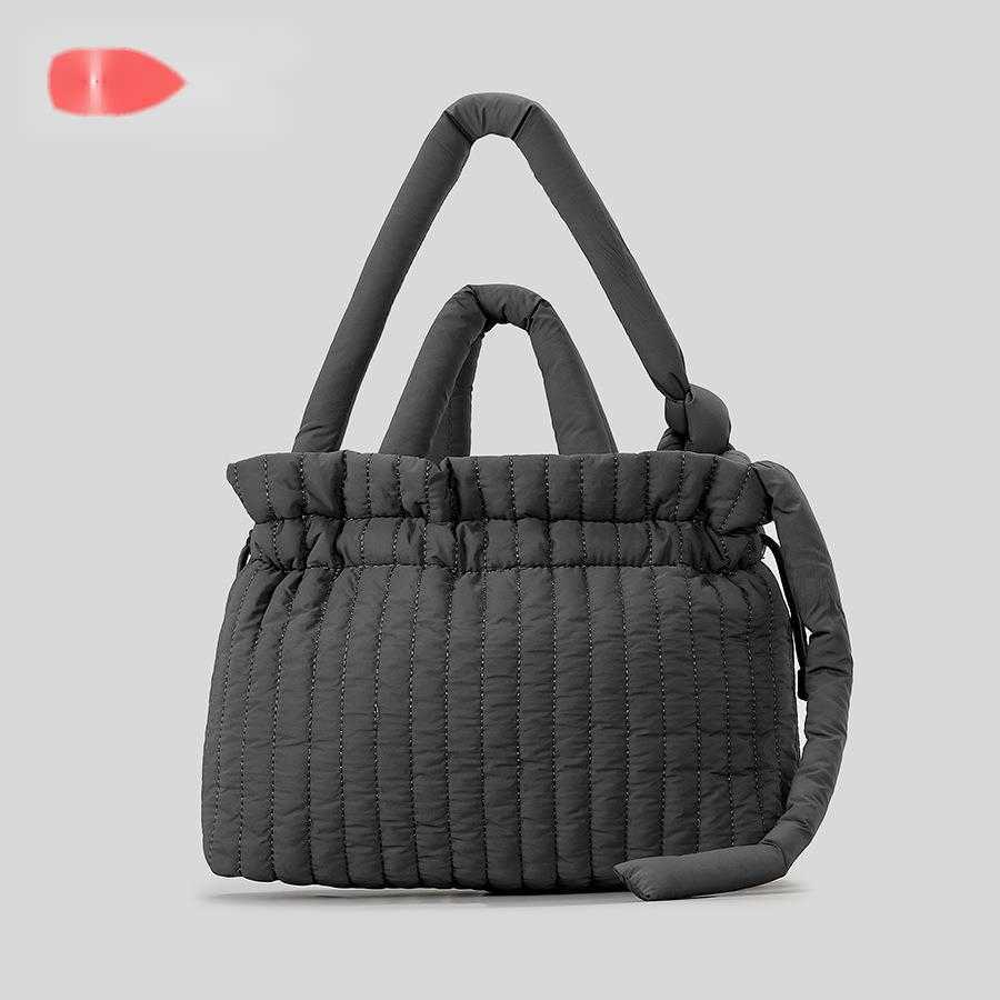 CMM Autumn Winter Fluffy Drawstring Shoulder Bag Nylon Cloth Clip Cotton Folded Cloud Bag Striped Large Capacity Tote Bag Women 241015