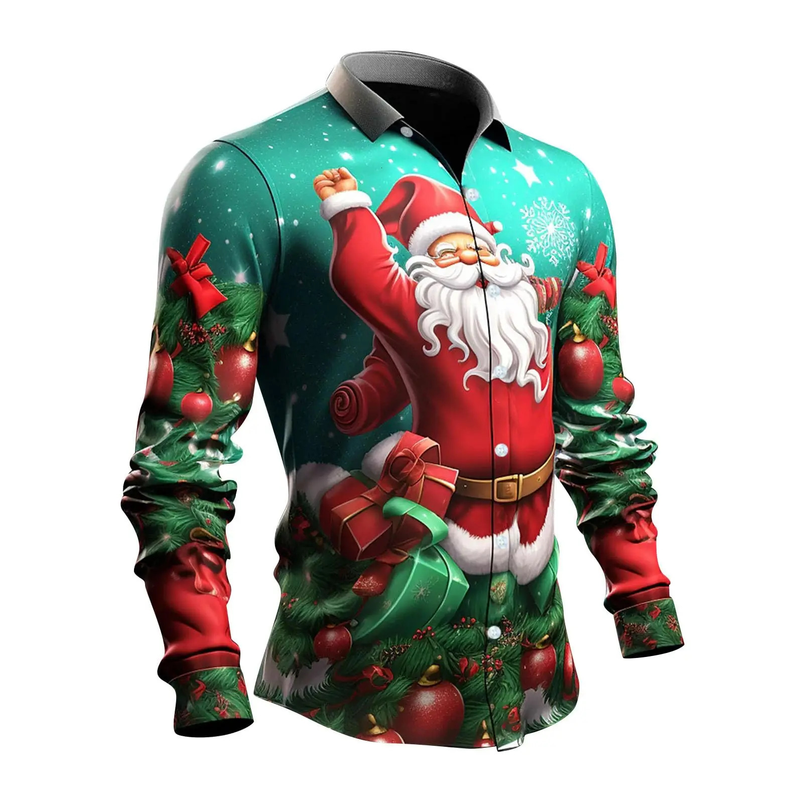 Mens 3D Christmas Bell Fashion Print Single Breasted Long Sleeve Shirt Casual Loose Lapel 241022