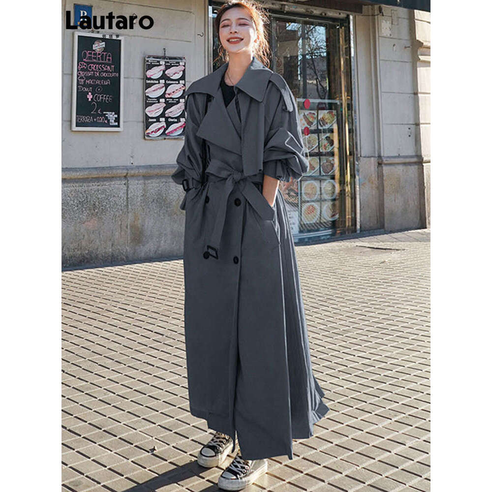 Lautaro Spring Autumn Extra Long Wy Oversized Casual Trench Coat For Women Belt Double Breasted Loose Korean Fashion 2022