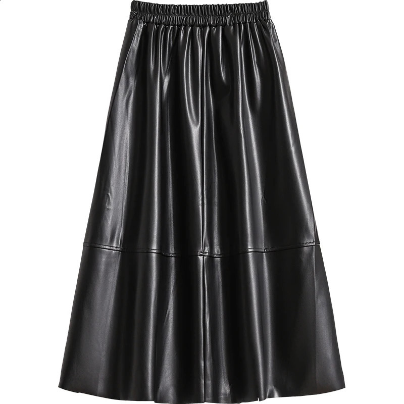 Fashionable black elegant Pu leather pleated long skirt for women brown elegant high waisted plus size A-line party dress for women style 241021 - view 6