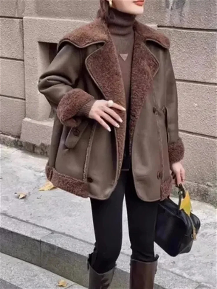 womens fashionable fur coat for winter 2024 featuring a large lapel navy blue collar aged thick long sleeves and a warm jacket 241021
