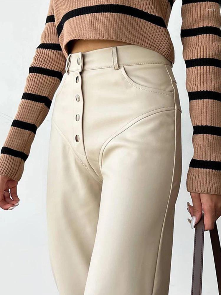 Women's Pants Casual Loose Leather Women High Waist Wide Legs Solid Pocket Pu Trousers Female Autumn Straight Belt Streetwears Lady