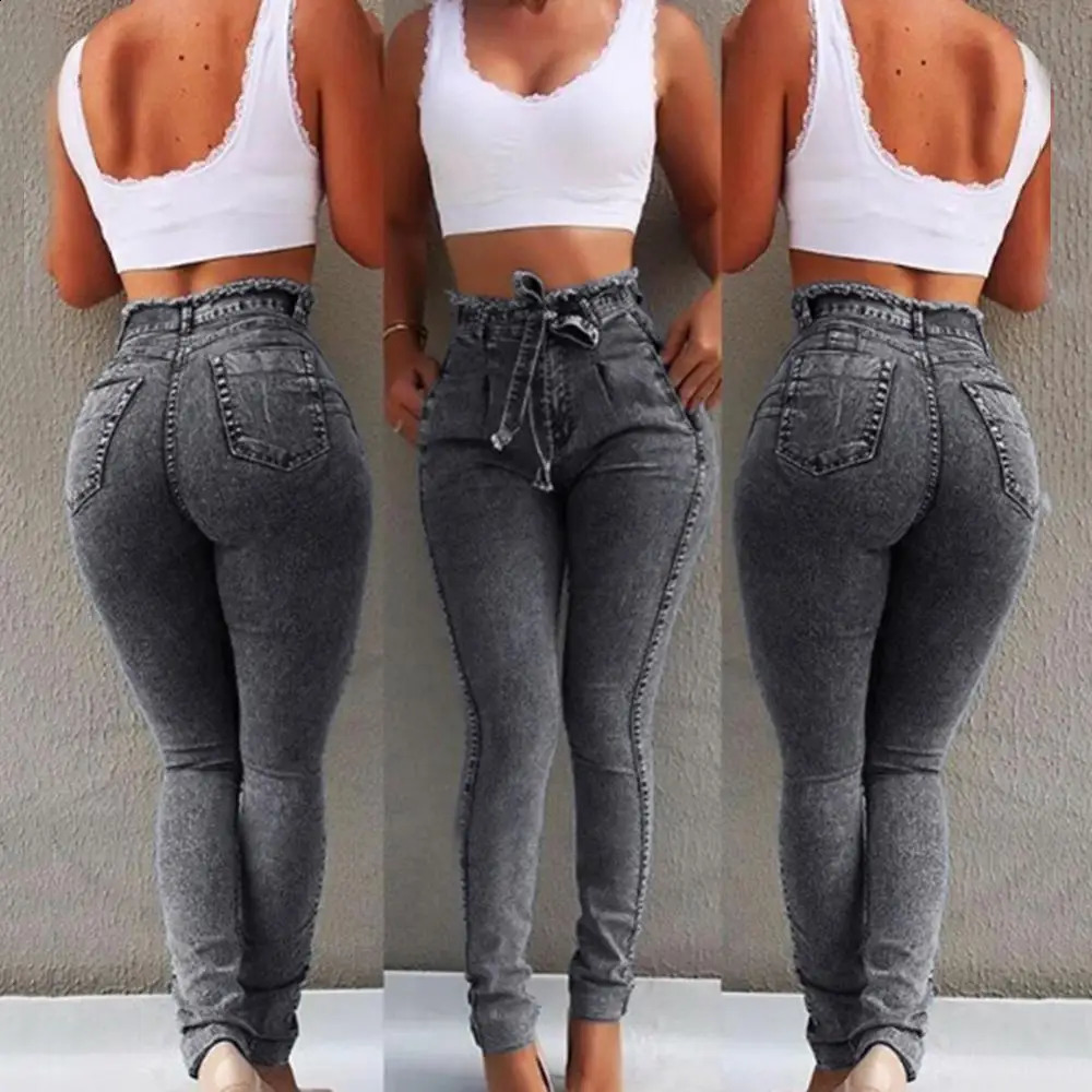 Plus Size Jeans Woman Belted High Waist Skinny Denim Jeans Pants for Women Sexy Denim Pencil Pants Trouser Jeans 241021