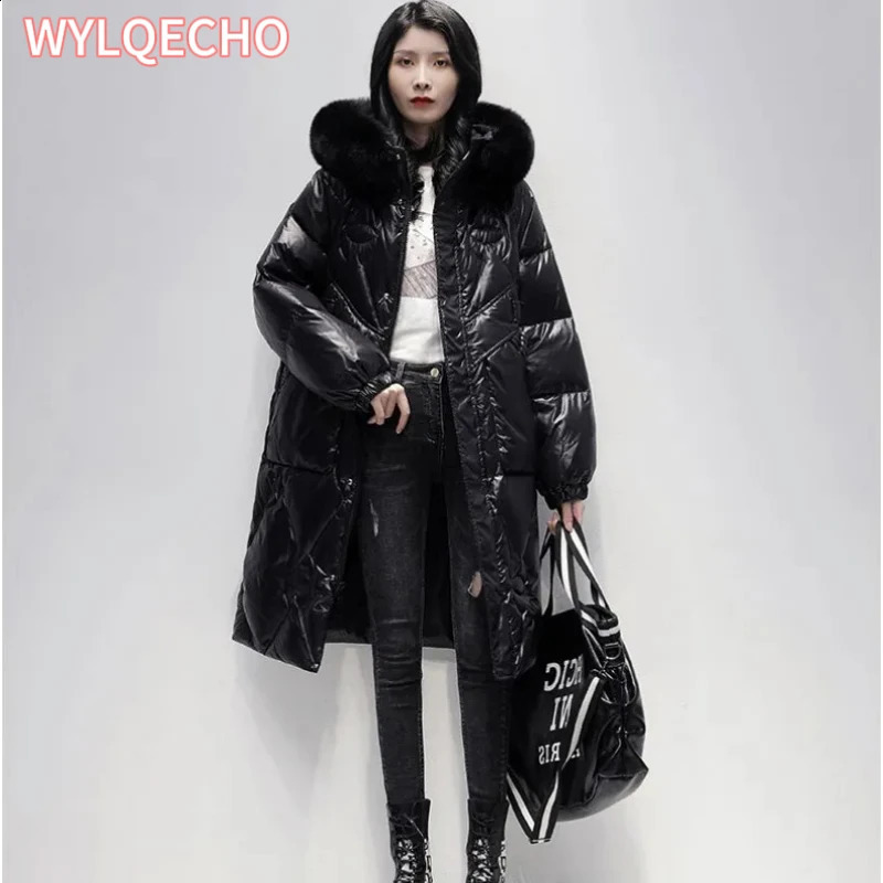 Womens down jacket thickened in winter warm medium length fashionable smooth no down jacket 241021