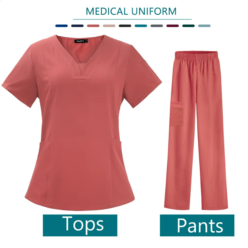 Nurse Uniform High Quality Pet Grooming Care Workwear Set Scrubs Operating Room Gown Short Sleeve Elastic Pants 241017