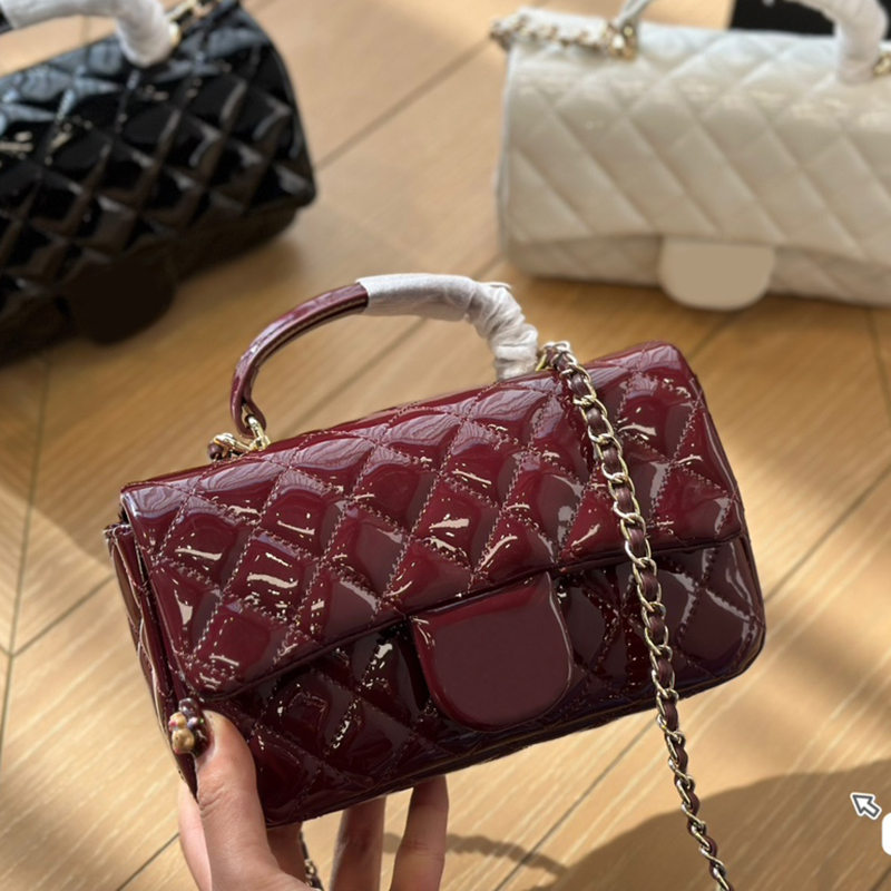 Women Designer Patent Leather Classic Flap Bag with Top Handle Portable Shiny Mini Tote Gold Hardware Dia Lattice Matelasse Chain Shoulder Cross Bags