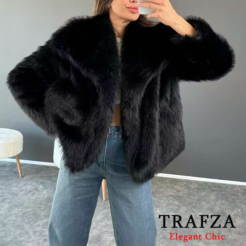 Trafza-Women Ancora Red Solid Faux Fur Jacket Big Lapel New 2024 Autumn Winter Fashion Slouchy Bury Coat