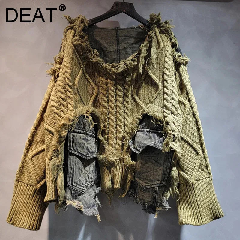 DEAT Autumn Project Fashion Womens Twisted Knitted Splicing Denim Short Sweater Loose O-neck Long sleeved Womens Top 29L8195 241021