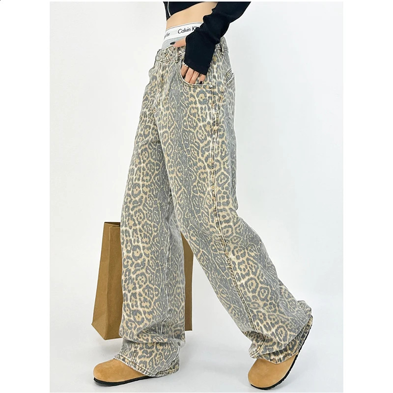 American retro High Street casual overalls leopard print loose womens long leg pants Y2k hip-hop goods Grunge Baggy Trousers 241021