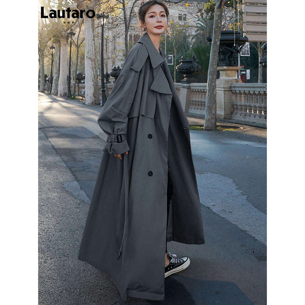 Lautaro Spring Autumn Extra Long Wy Oversized Casual Trench Coat For Women Belt Double Breasted Loose Korean Fashion 2022