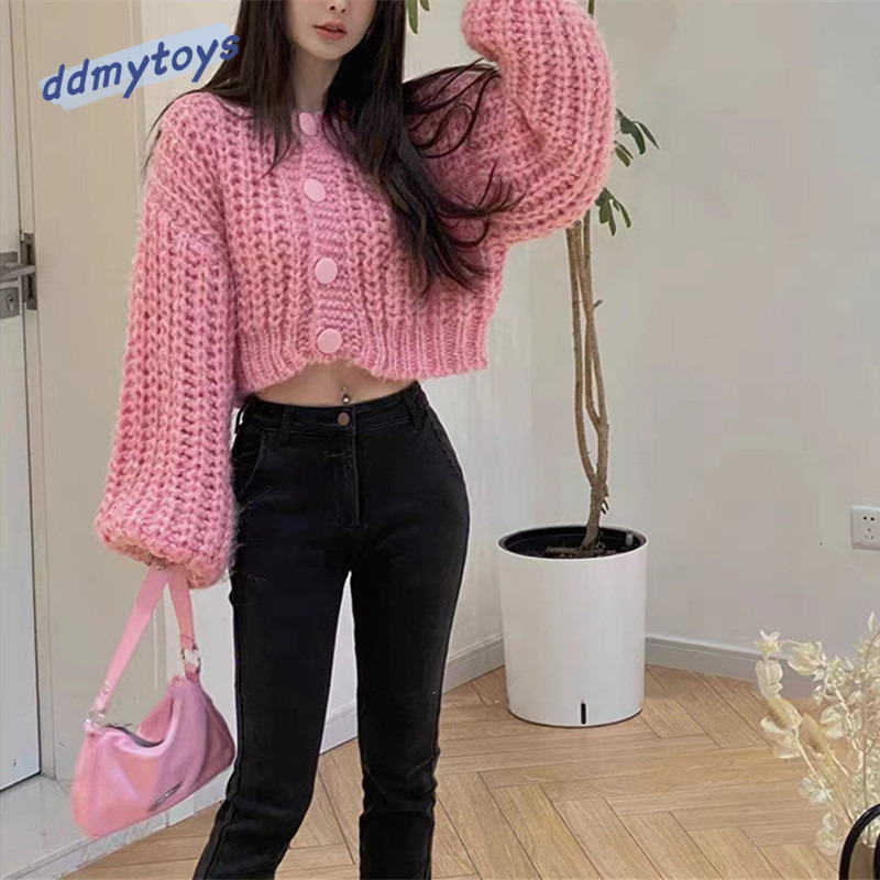 Ddmytoys Autumn New Solid Color Yarn Ingot Needle Round Neck Short Knitted Cardigan For Women Loose And Slimming Casual Sweater F1023#35
