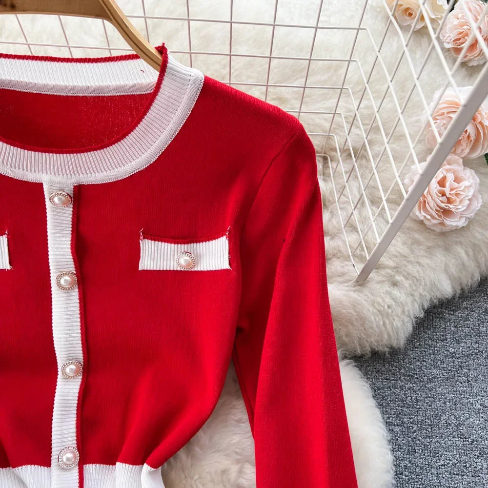 Womens long knitted red sweater autumn and winter knitted pleated dress thick Christmas floral party dress Vestidos 241021