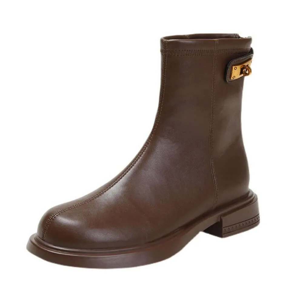 2024 Womens Boots Are Waterproof Warm New British Wind Round Head Back Zipper Bottom Thick Split Leather Short Boots Women