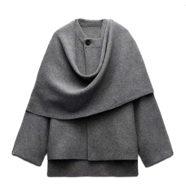 Women's Jackets MUXI-Gray Shawl Jacket With Scarf Long Sleeved Loose Open Front Elegant And Unique Street Wear Autumn Winter
