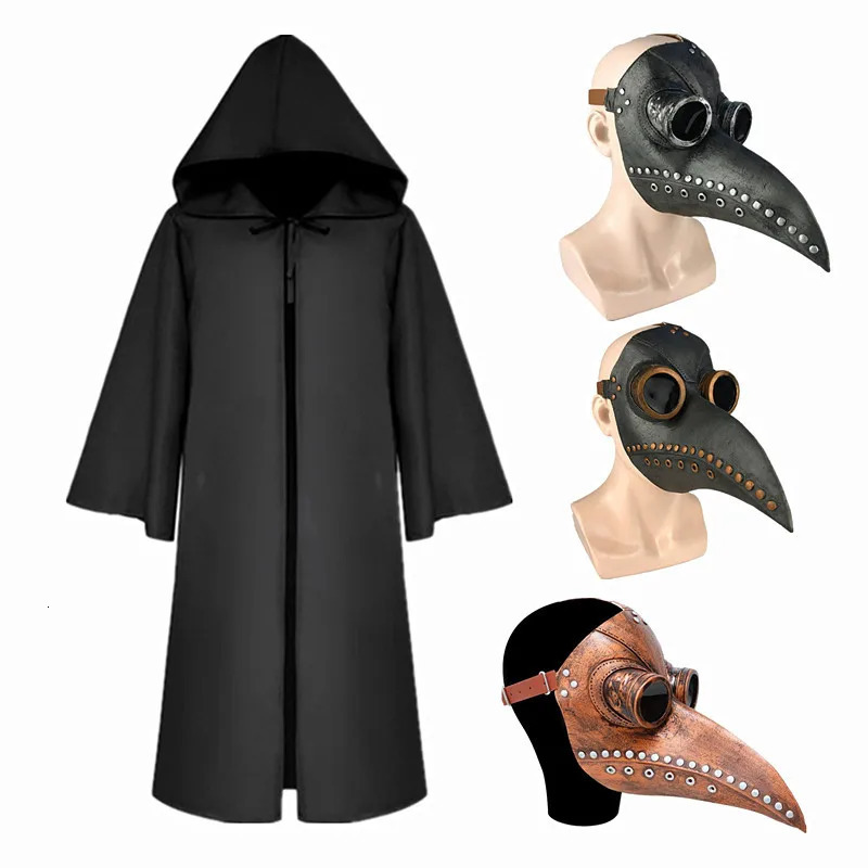 Plague Doctor Costume Hooded Cloak Long Nose Beak Latex Mask Halloween Cosplay for Kids and Adult Party 241022