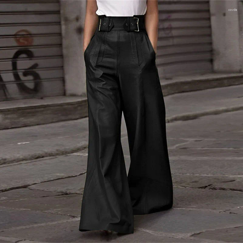 Women's Pants Casual Loose Leather Women High Waist Wide Legs Solid Pocket Pu Trousers Female Autumn Straight Belt Streetwears Lady