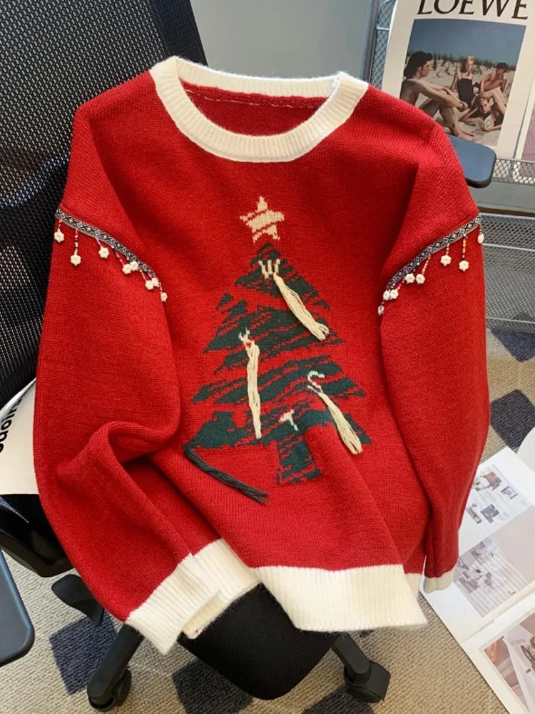 Christma Tree Knitted Sweater Pullover Womens Fashion Loose Casual Womens Top Winter Long Sleeve O-neck Knitted Jumper 241021