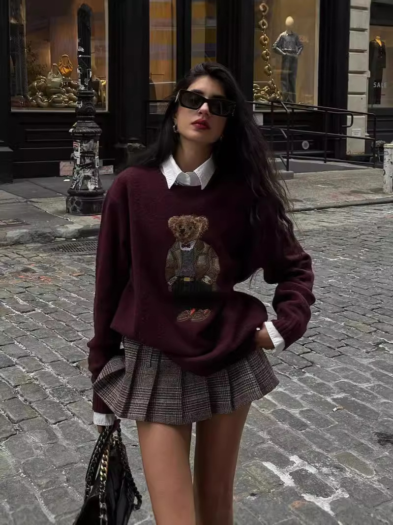 Women's Sweaters Fashionable Autumn And Winter New Style Knitted Sweater With Bear Embroidery And Cartoon College Wind Knitted Top