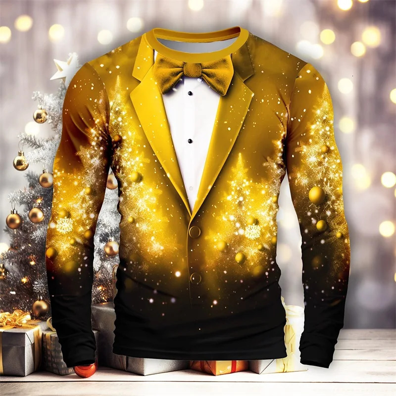 Mens Long Sleeve Tshirts 3D Print Christmas Snowflake Pattern Suit Tee Shirts Tops Streetwear Crew Neck Plus Size T Shirt 241022