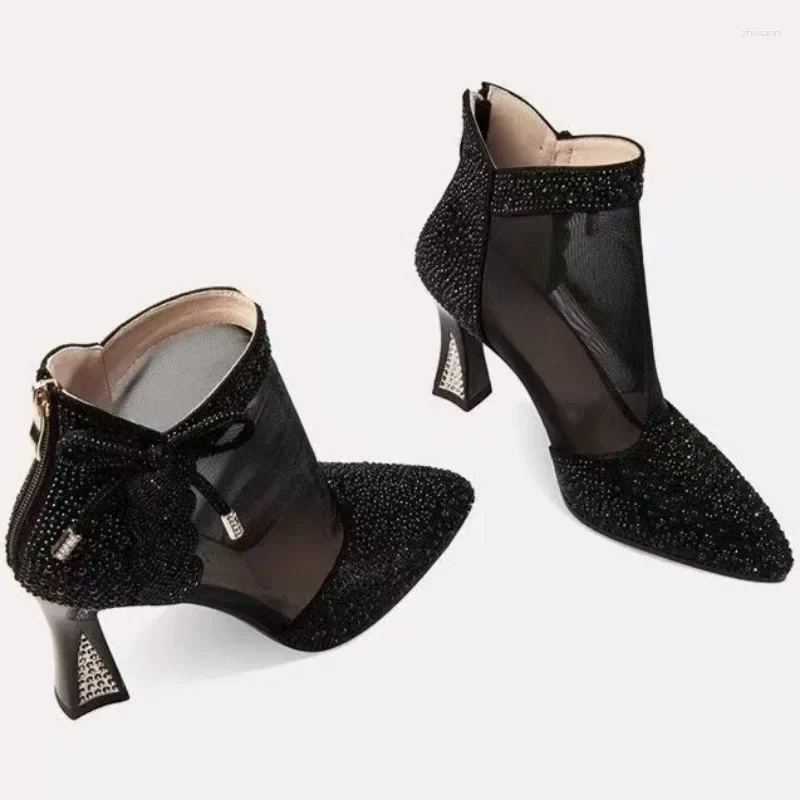 Boots 2024 Fashion Women High Heels Mesh Fabric Ankle Zip Sandals Sexy Pointed Tip Pumps atos De Mujer Golden Sparkg