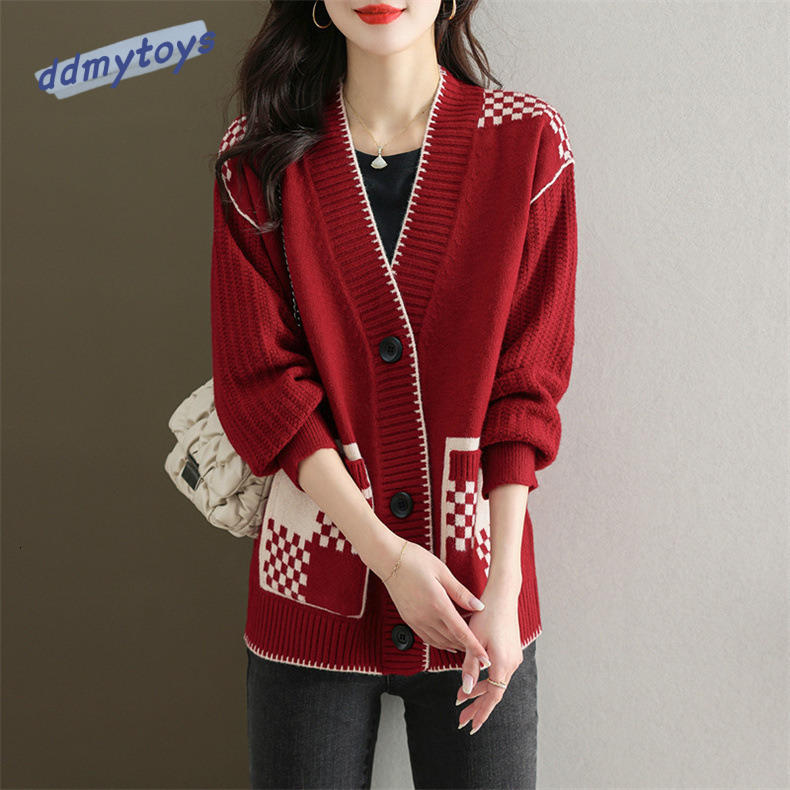 Ddmytoys Splicing Grid Knitted Cardigan For Autumn And Winter New V Neck Sweater Jacket Korean Version Women S Loose Fashion F1023#40