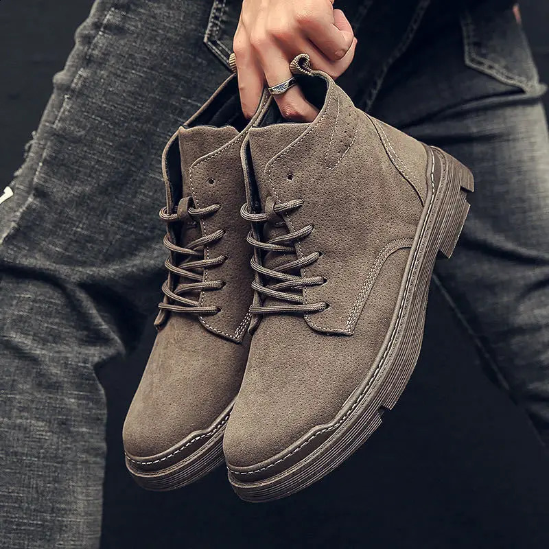 Autumn Men Street Trend Motorcycle Winter Flat Lace-up Suede Ankle Boots Thickened Botas Hombre Piel 241021