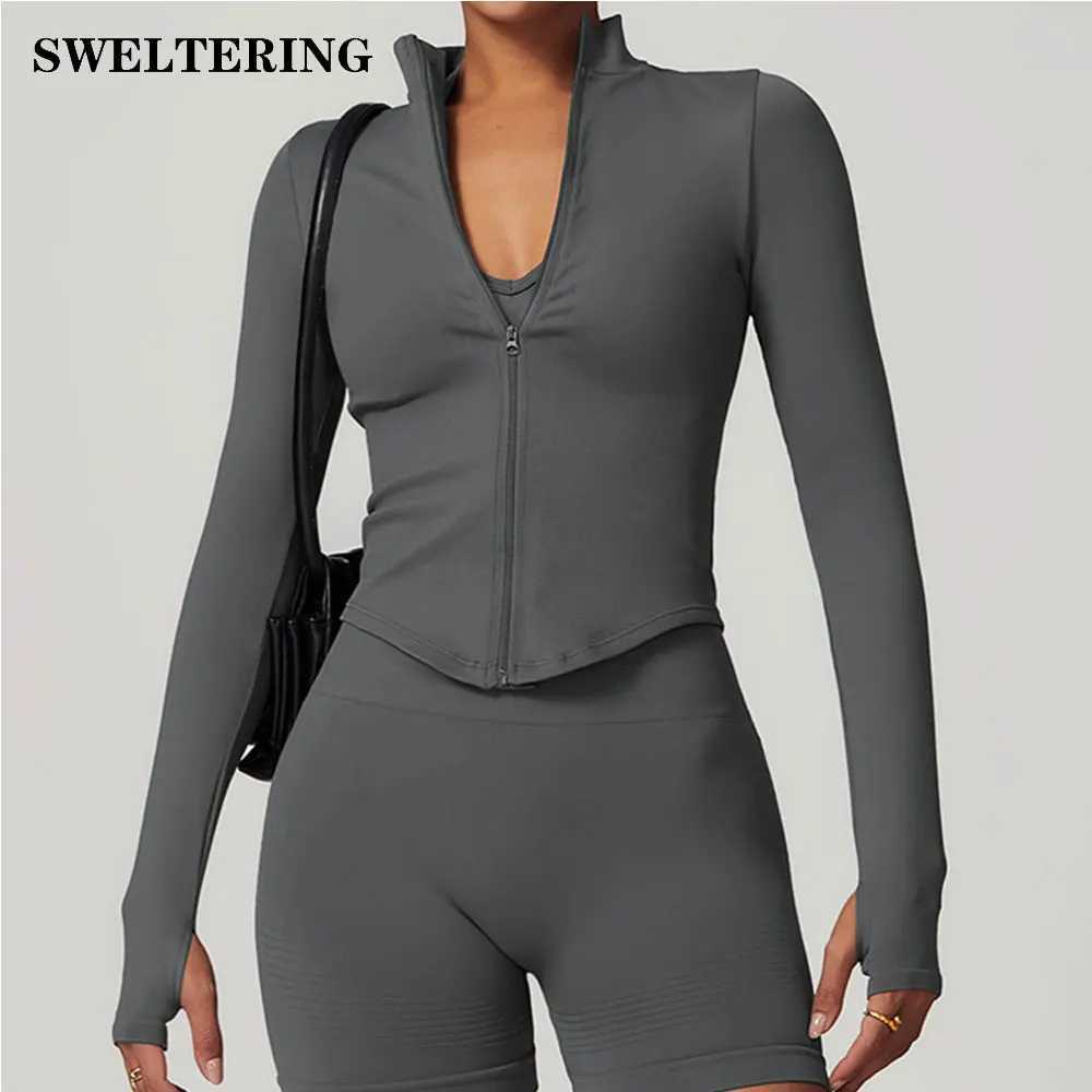 Zipper jacket womens crop top yoga T-shirt solid sports top long sleeved running shirt sexy quick drying fitness gym sportswear W250326