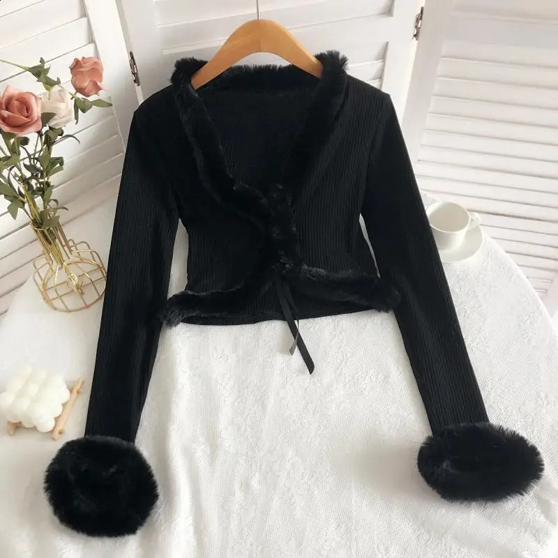 V-neck fur sleeves knitted cardigan top black and white slim fit Y2k Korean fashion jacket lace top sweater womens knitted pull rod womens 241021