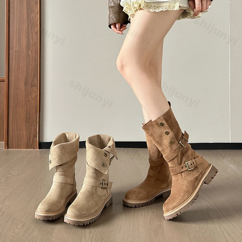 Fashion Buckle Women Suede Leather Handmade Round Toe Spike Heel Boots Autumn Winter Western Mid-Calf Booties 241021
