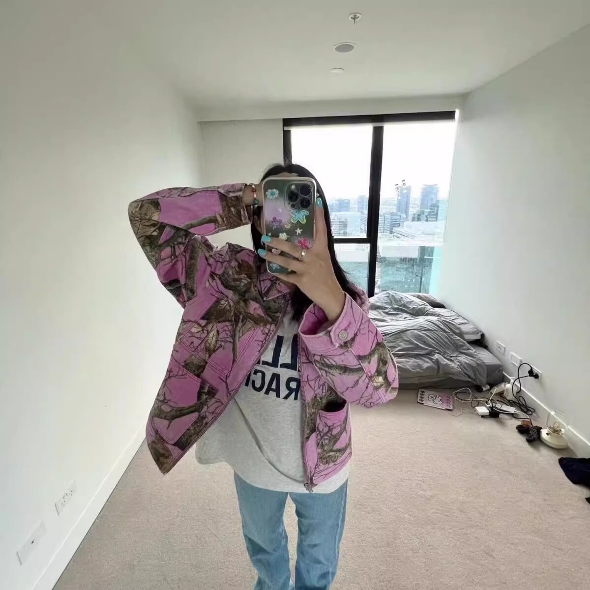 2024 New Classic REALTREE Camo Embroidered Pink BEACH Cotton Multi Pocket Denim Zipper Workwear Jacket Wt994