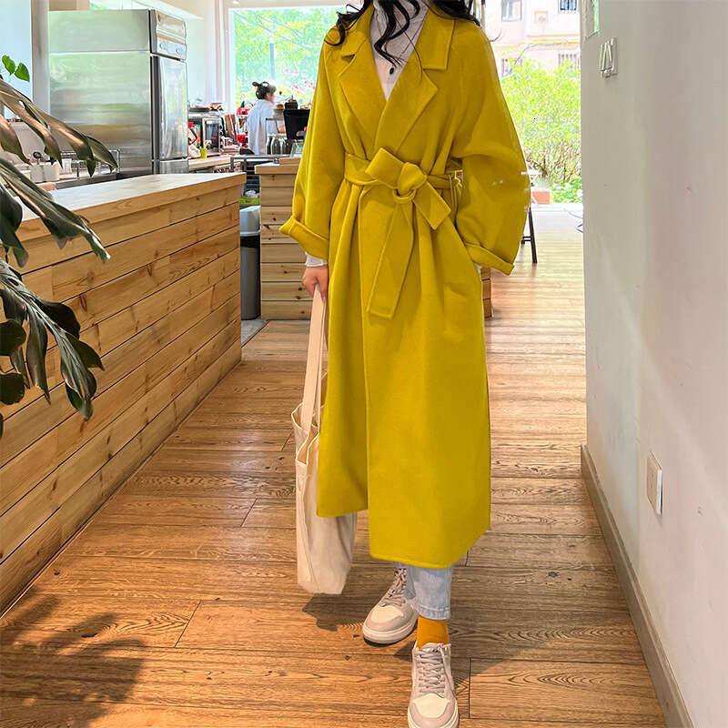 Rose Cashmere Wool Comfortable Urious Side Slit Double-Sided Tweed Coat Women