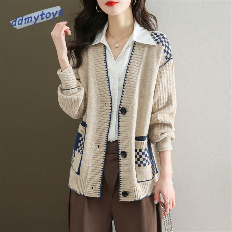 Ddmytoys Splicing Grid Knitted Cardigan For Autumn And Winter New V Neck Sweater Jacket Korean Version Women S Loose Fashion F1023#40