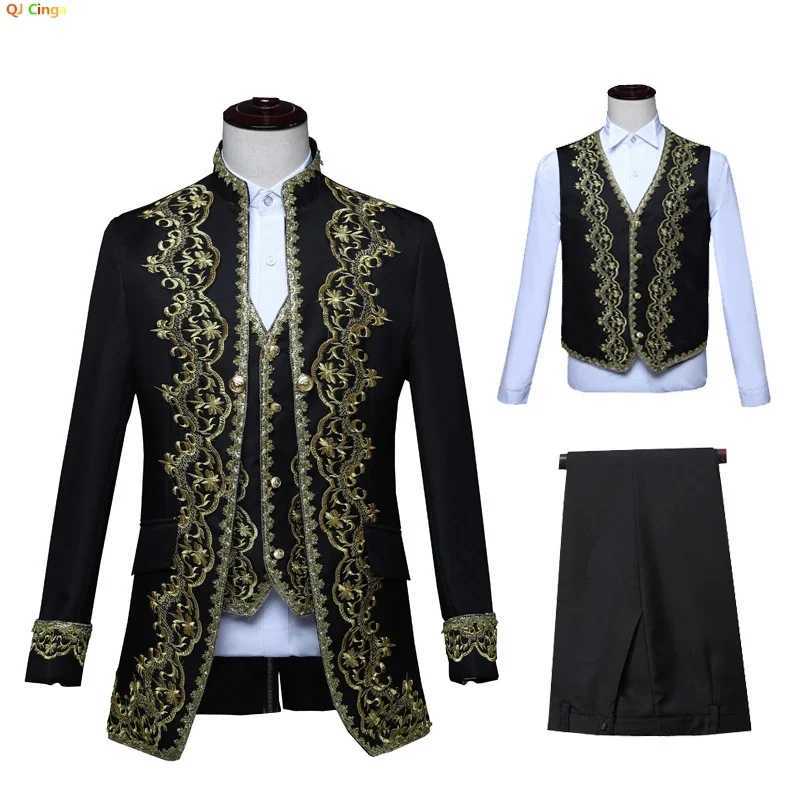 European Gold Vintage Tuxedo Mens Suit 3 Piece Black OperaStage Performance CostumeWhite Men Sets SMLXXL3XL4XL X250704