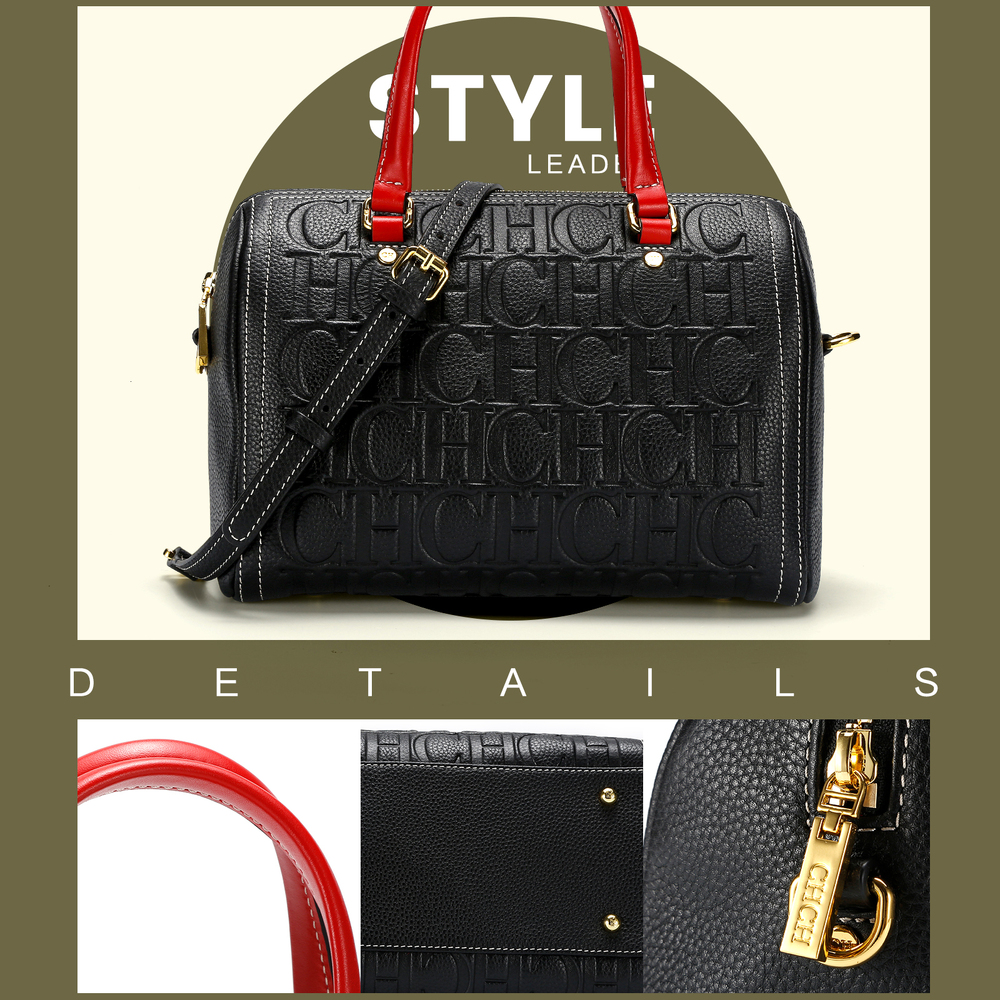 CHCH Women's Shoulder 2024 New Black Cow Leather Letter Emed Zipper Tote Bag 26*14.5*18Cm