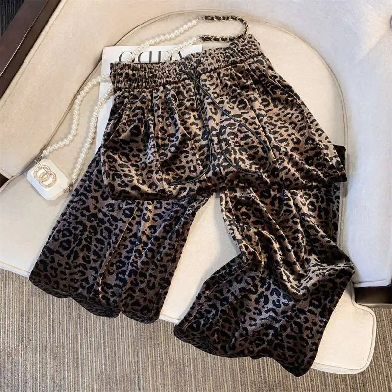 Deeptown Retro Leopard Harajuku Womens Pants Animal Printed Elastic Waist Wide Leg Bag Trouser American Retro Autumn Casual 241021