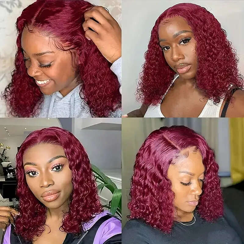 Red Bob 99J Bury Front 13x4 Curly Wigs Lace Human Hair Colored Deep Wave Frontal Wig