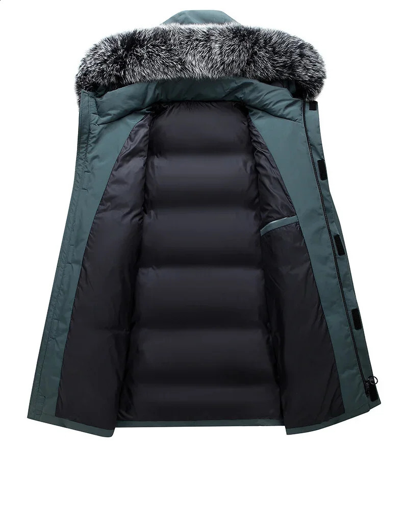 Winter long mens down jacket and fashionable hooded large fur collar warm white duck down jacket mens casual windproof Parka 241021