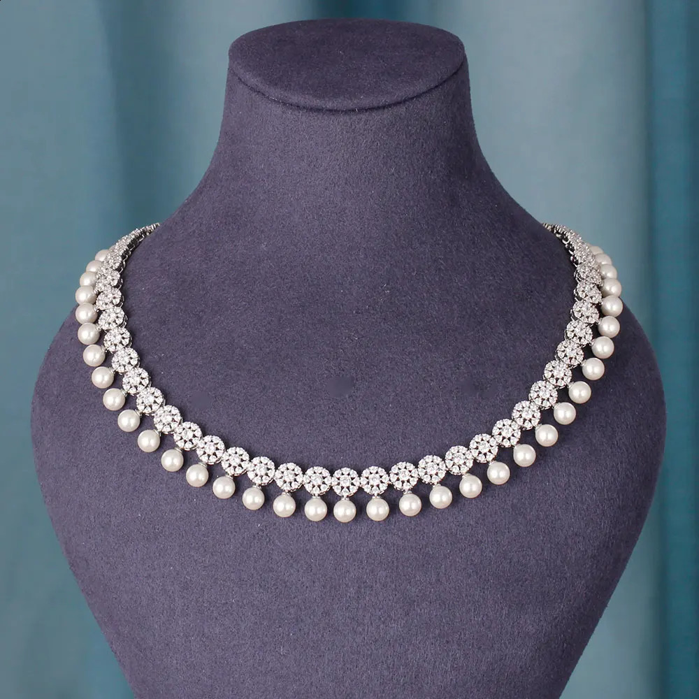 Fashion Pearl Tassel 40cm Necklace Earrings 4PCS Jewelry Set Womens Wedding Party Full Zircon Dubai Bridal Jewelry Set Gift 241021