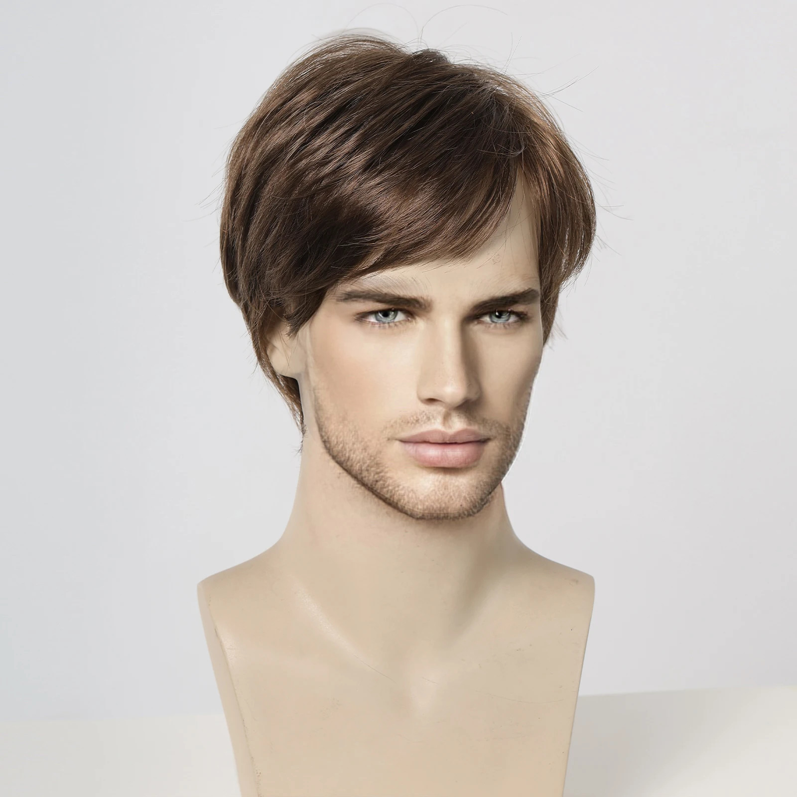 Bob Pixie Cut Wig for Men Light Brown Short Straight Synthetic Layered Wig with Bangs Natural Looking Hair for Cosplay Daily 241102