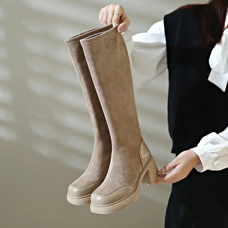 Fashion Knee High Women Chunky Heels Punk Long Boots Patchwork Ladies Shoes Thick Bottom Platform Botas 241021