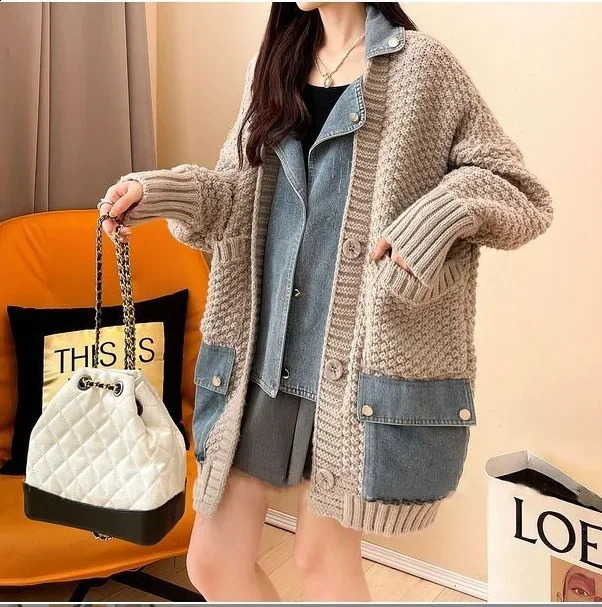 Autumn Winter Womens Splicing Denim Jacket Womens Long Sleeve Jeans Jacket Fashion Womens Loose Sweater Cardigan Jacket 241021