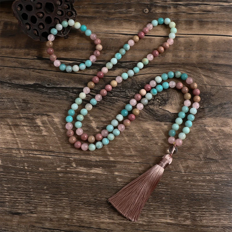 8mm natural ruby and rose quartz tassel necklace with 108 beads Japanese Mara womens jewelry meditation yoga set 241021