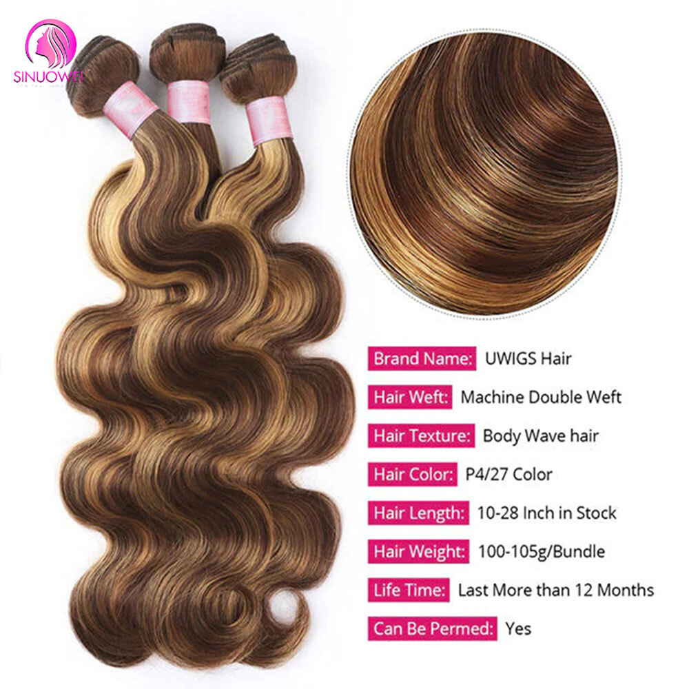30 32 Inch Highlight Body Wave 100% Human P4/27 Honey Brown Brazilian Bundles 1 3 4 Remy Hair Bundle
