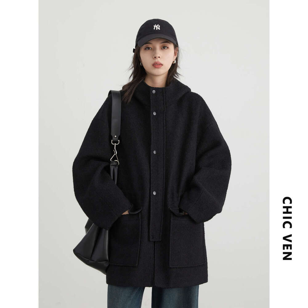 CHIC VEN Women's Woolen Coat Loose Solid New British Hooded Jackets Drawstring Mid-Length Ladies Windbreaker Autumn Winter 250526