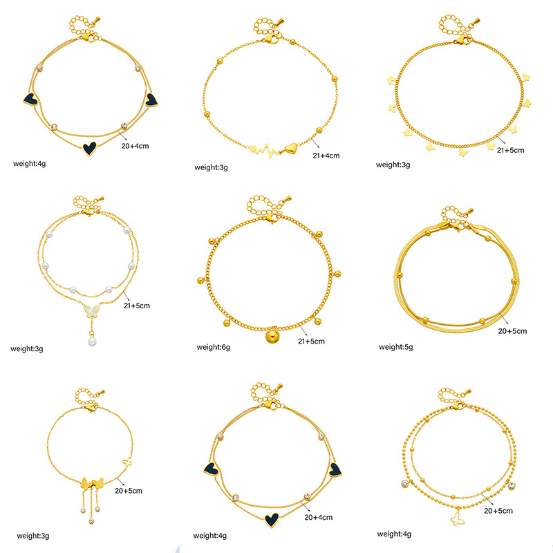 Designer Gold Stackable Anklet Bracelet Designer Crystal Butterfly Love Heart Bead Charm Foot Chain Bracelets for Women Girls Summer Fashion Fine Jewe