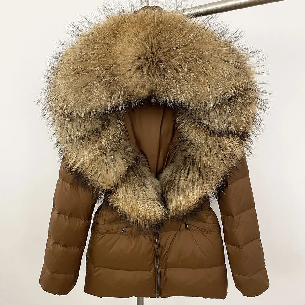 Winter Women Hooded White Duck Down Coat Natural Real Raccoon Fox Fur Collar Jacket Belt Thick Warm Casual Outerwear 241022