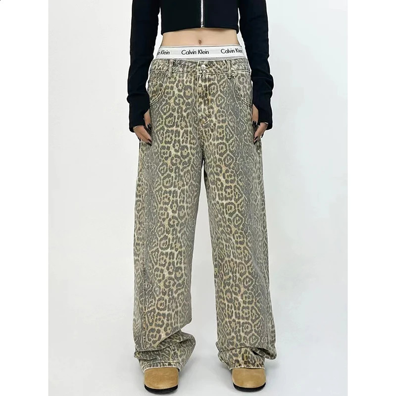 American retro High Street casual overalls leopard print loose womens long leg pants Y2k hip-hop goods Grunge Baggy Trousers 241021