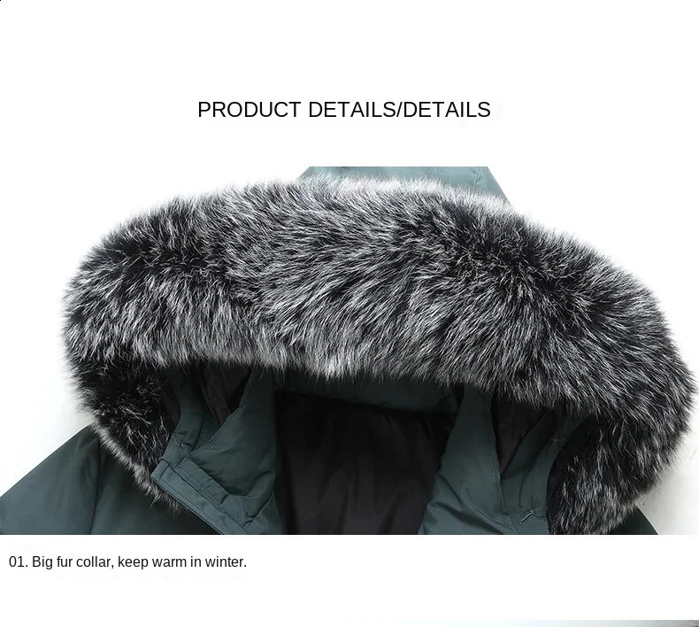 Winter long mens down jacket and fashionable hooded large fur collar warm white duck down jacket mens casual windproof Parka 241021