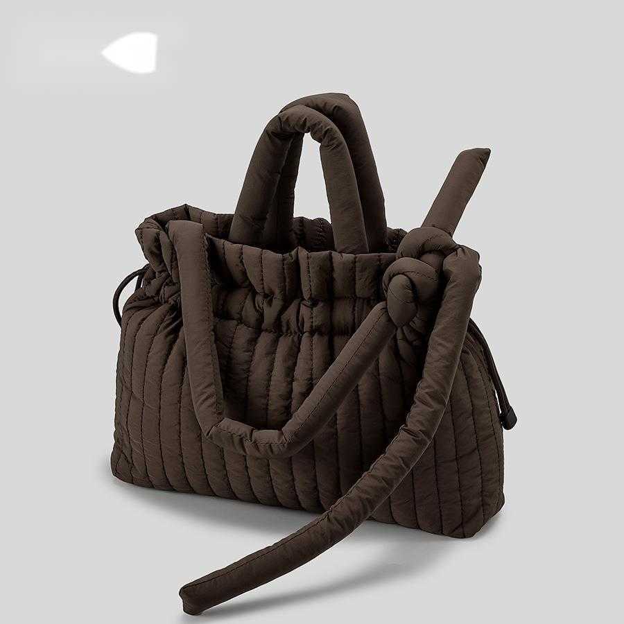 CMM Autumn Winter Fluffy Drawstring Shoulder Bag Nylon Cloth Clip Cotton Folded Cloud Bag Striped Large Capacity Tote Bag Women 241015